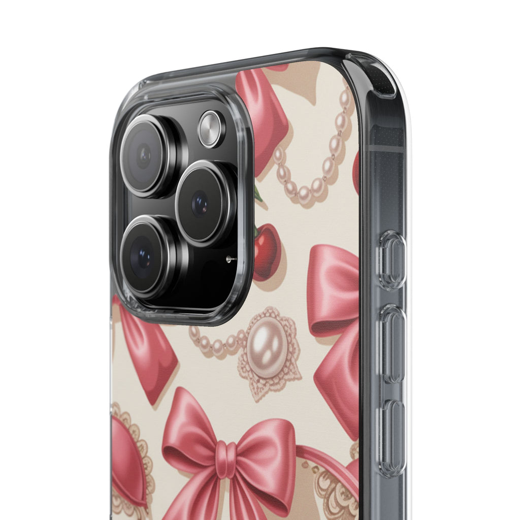 Phone Cases - Coquette Aesthetic Pattern with Pink Satin Bows, Pearls, and Cherries