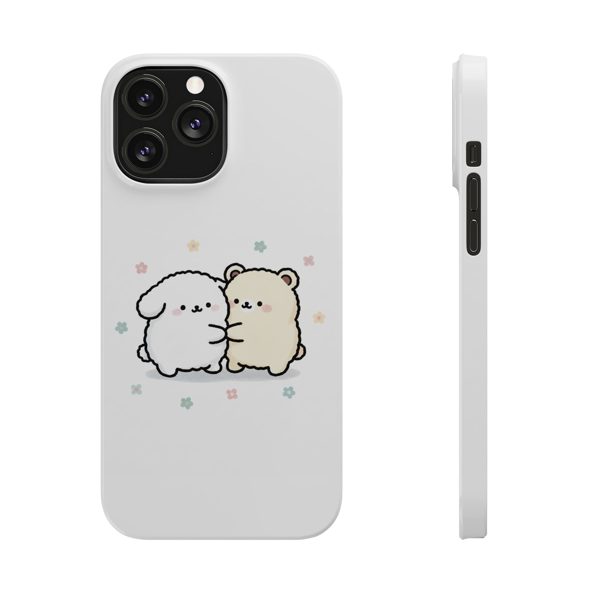 Kawaii Puppy & Bear Hug Slim Phone Case — Pastel Floral Cute Cozy Design