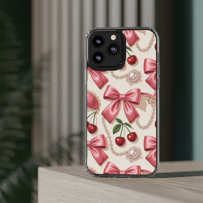 Phone Cases - Coquette Aesthetic Pattern with Pink Satin Bows, Pearls, and Cherries