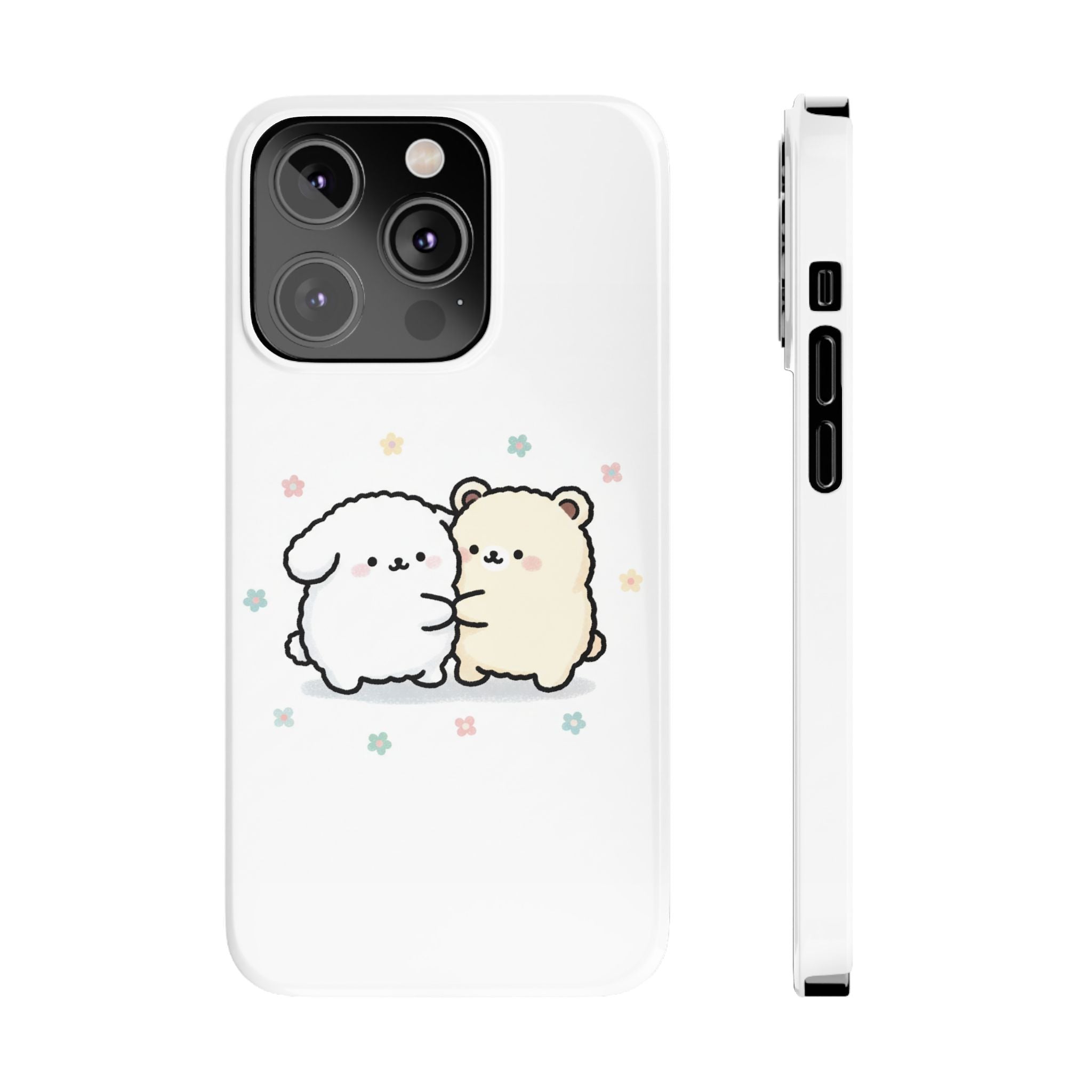 Kawaii Puppy & Bear Hug Slim Phone Case — Pastel Floral Cute Cozy Design