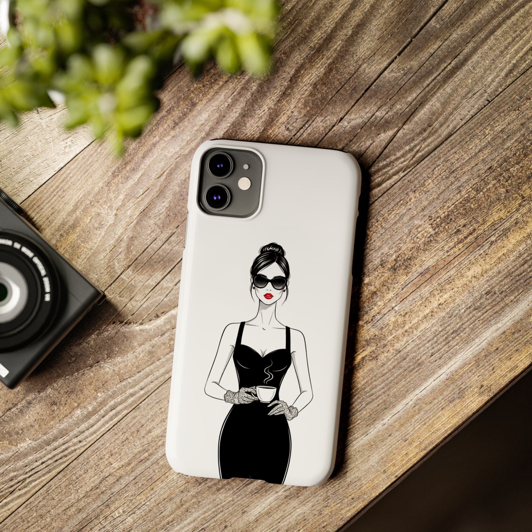 Chic High-Fashion Slim Phone Case — Black Dress Illustration with Red Lip Accent