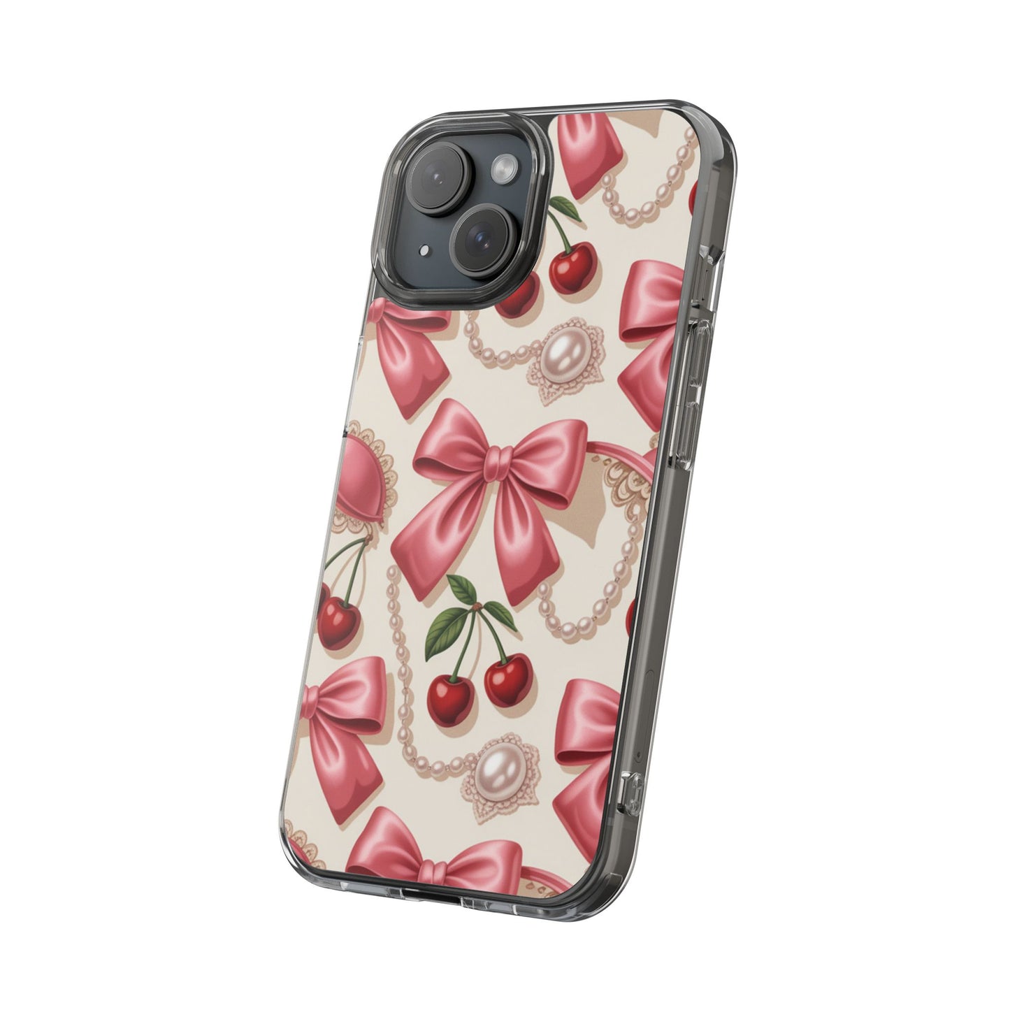 Phone Cases - Coquette Aesthetic Pattern with Pink Satin Bows, Pearls, and Cherries