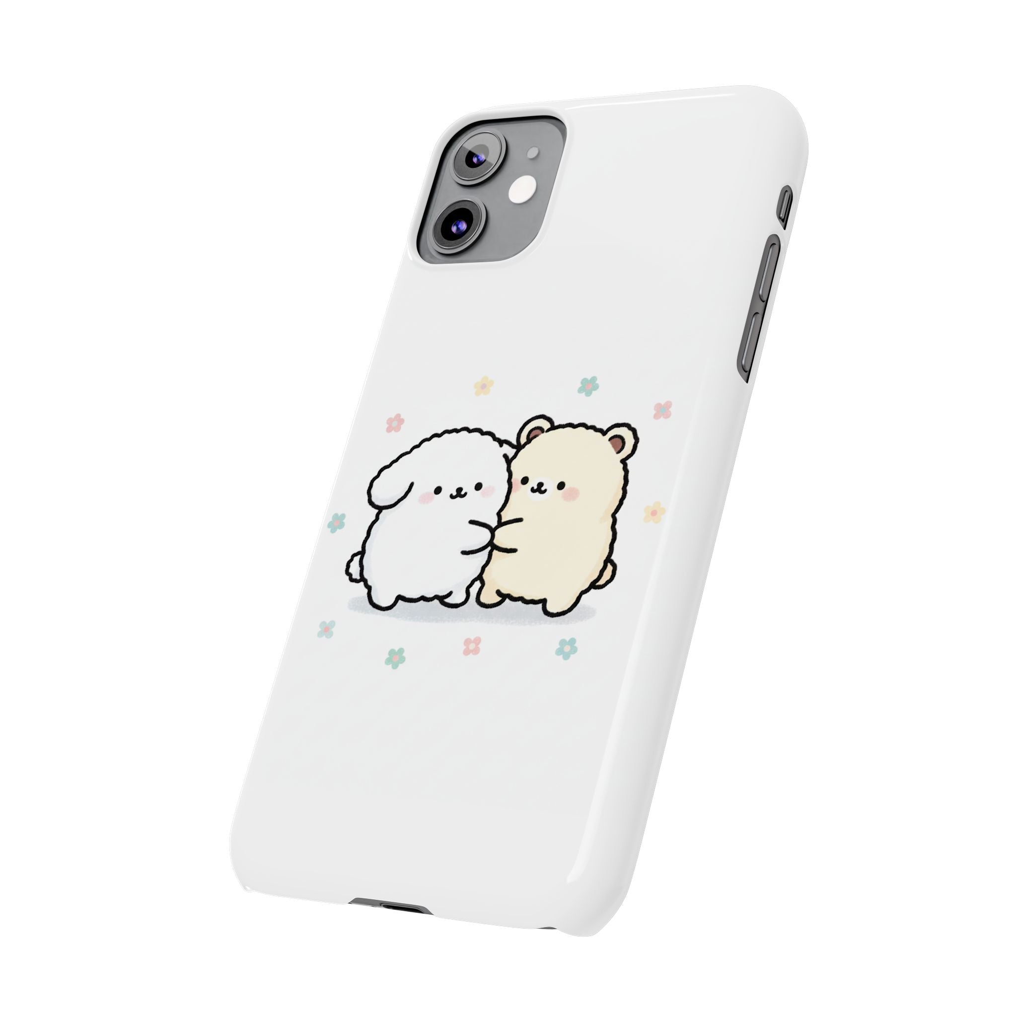 Kawaii Puppy & Bear Hug Slim Phone Case — Pastel Floral Cute Cozy Design