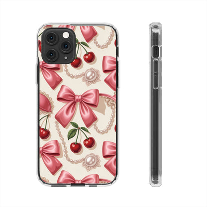 Phone Cases - Coquette Aesthetic Pattern with Pink Satin Bows, Pearls, and Cherries