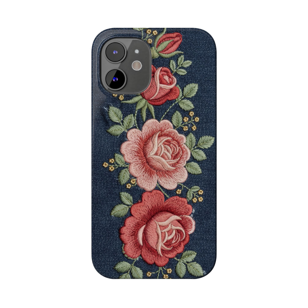 Denim Floral Embroidered Slim Phone Case — Stitched Roses & Vines
