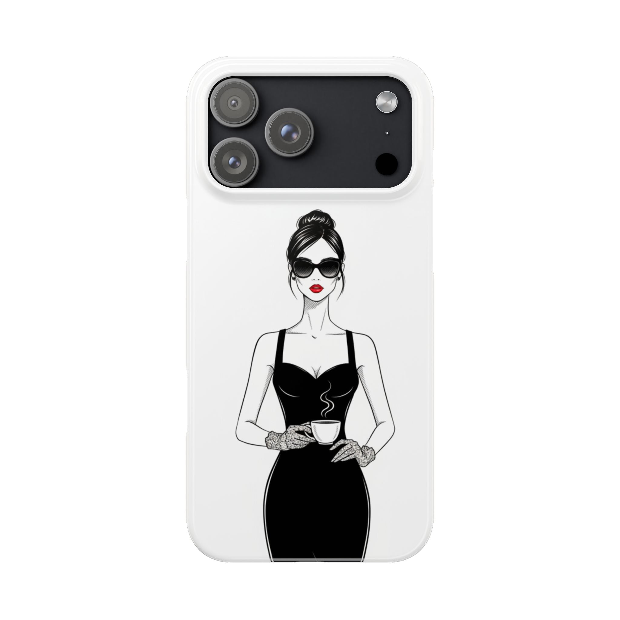 Chic High-Fashion Slim Phone Case — Black Dress Illustration with Red Lip Accent