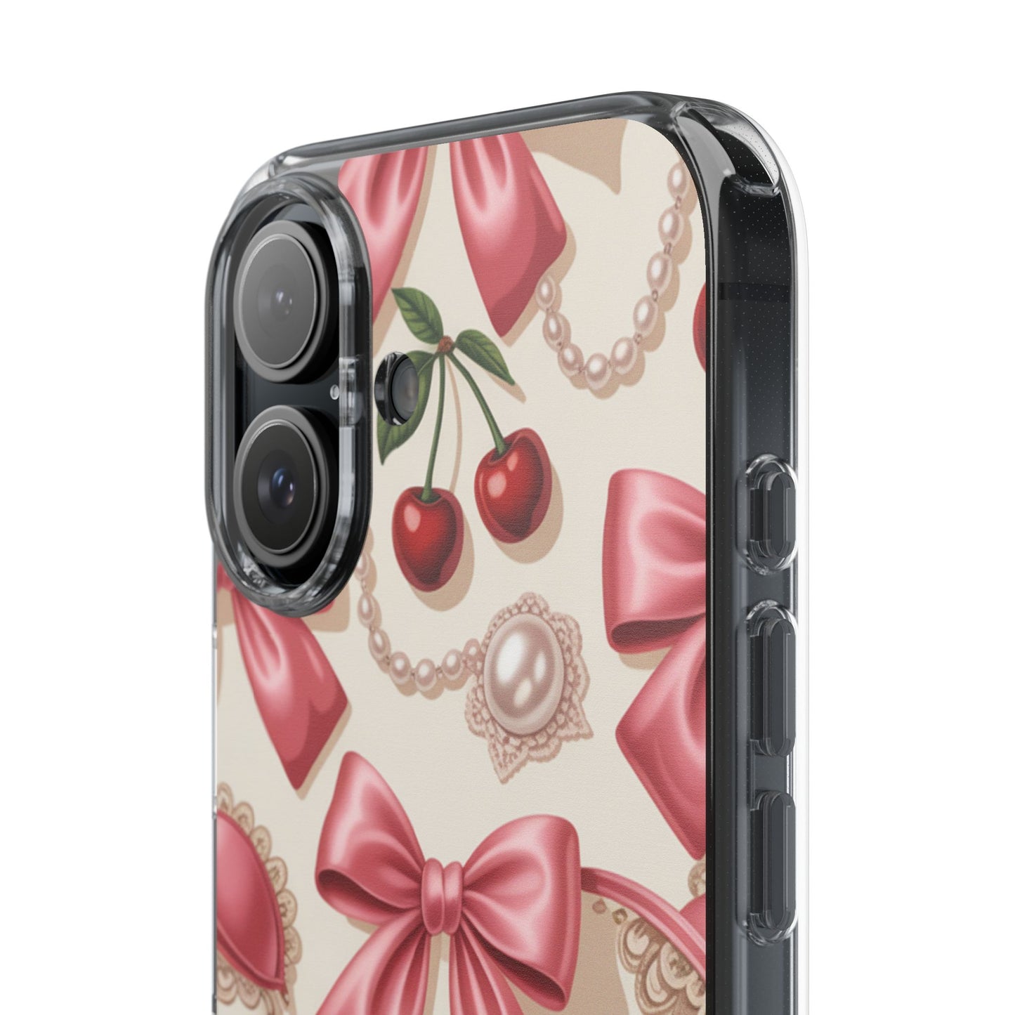 Phone Cases - Coquette Aesthetic Pattern with Pink Satin Bows, Pearls, and Cherries