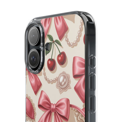 Phone Cases - Coquette Aesthetic Pattern with Pink Satin Bows, Pearls, and Cherries