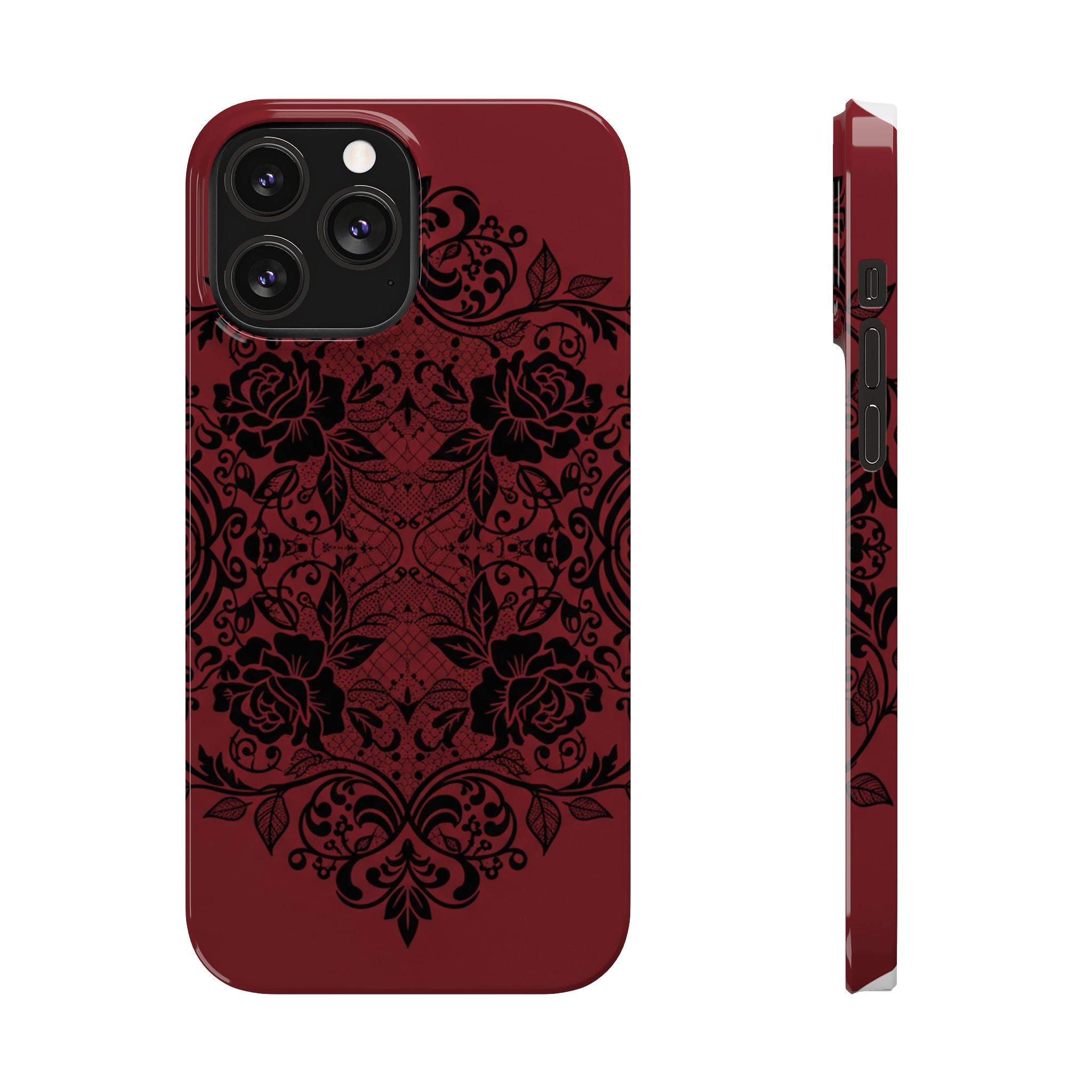 Gothic Lace Phone Case — Intricate Black Lace Over Deep Blood Red