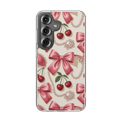 Phone Cases - Coquette Aesthetic Pattern with Pink Satin Bows, Pearls, and Cherries