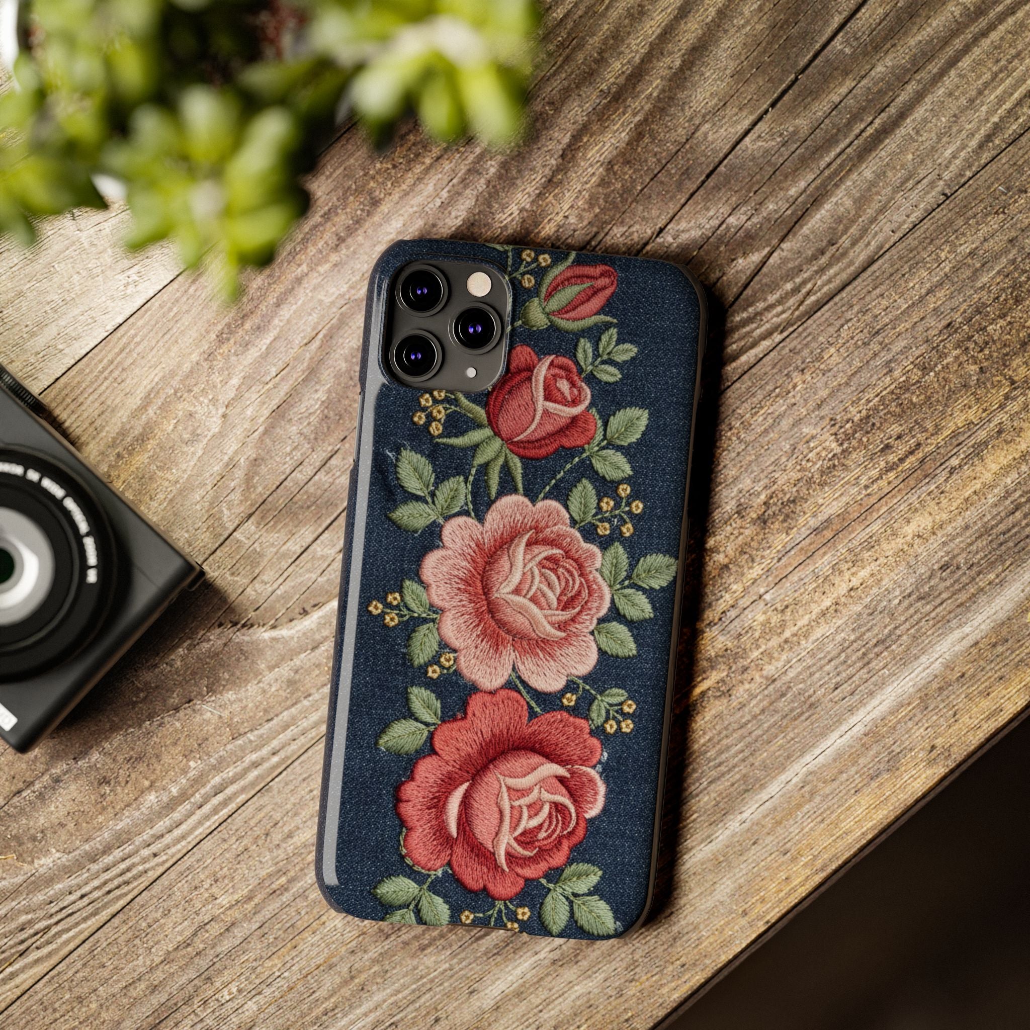 Denim Floral Embroidered Slim Phone Case — Stitched Roses & Vines