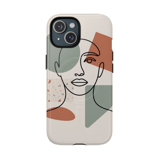 Phone Case - Minimalist Abstract Art Face Design - Sage Green and Terracotta Colors