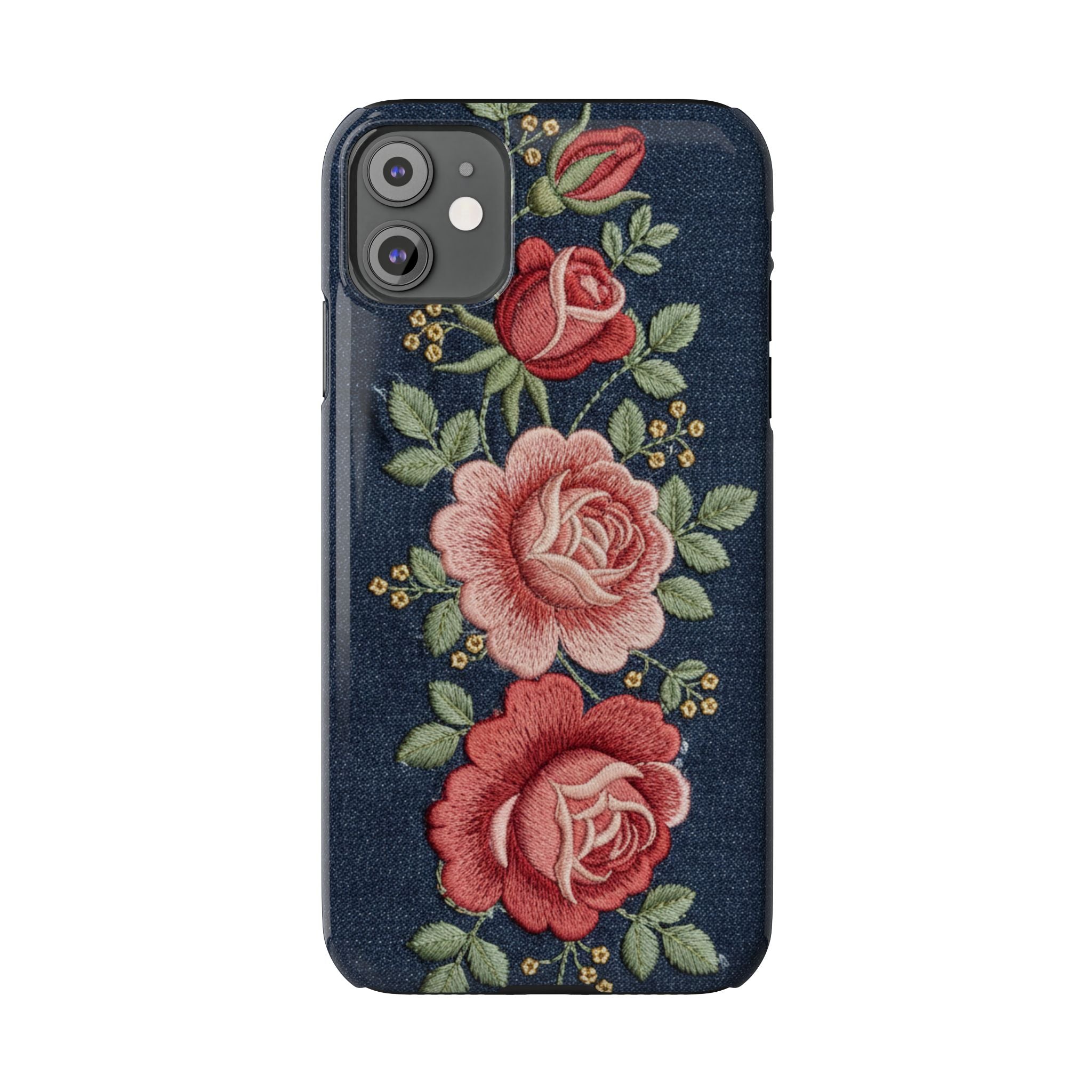 Denim Floral Embroidered Slim Phone Case — Stitched Roses & Vines