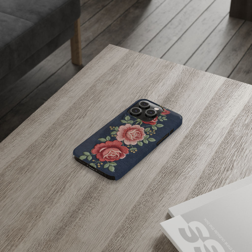 Denim Floral Embroidered Slim Phone Case — Stitched Roses & Vines