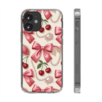 Phone Cases - Coquette Aesthetic Pattern with Pink Satin Bows, Pearls, and Cherries
