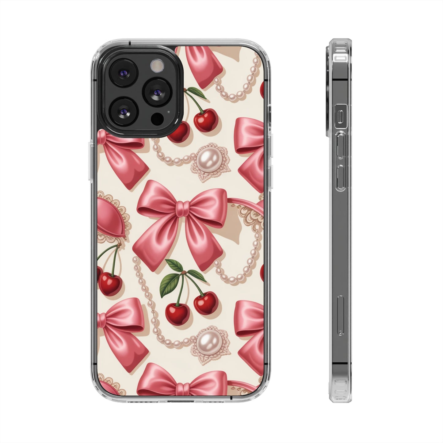 Phone Cases - Coquette Aesthetic Pattern with Pink Satin Bows, Pearls, and Cherries