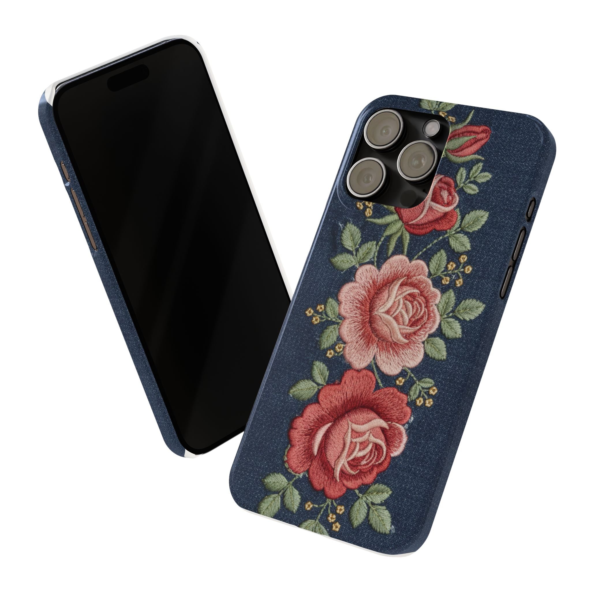 Denim Floral Embroidered Slim Phone Case — Stitched Roses & Vines