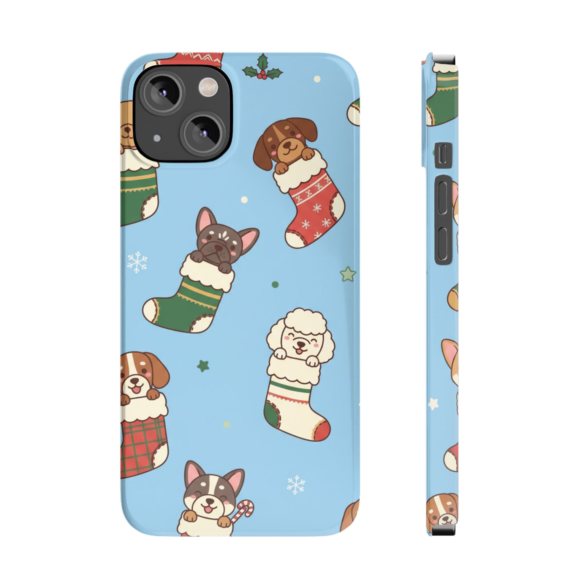 Dog Breeds Christmas Stocking Phone Case — Cute Puppy Pattern on Light Blue