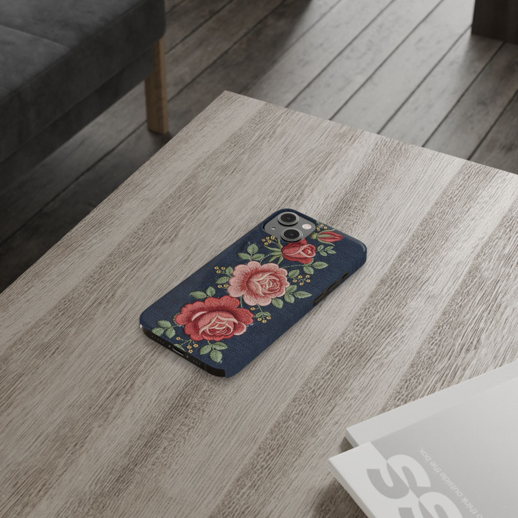 Denim Floral Embroidered Slim Phone Case — Stitched Roses & Vines