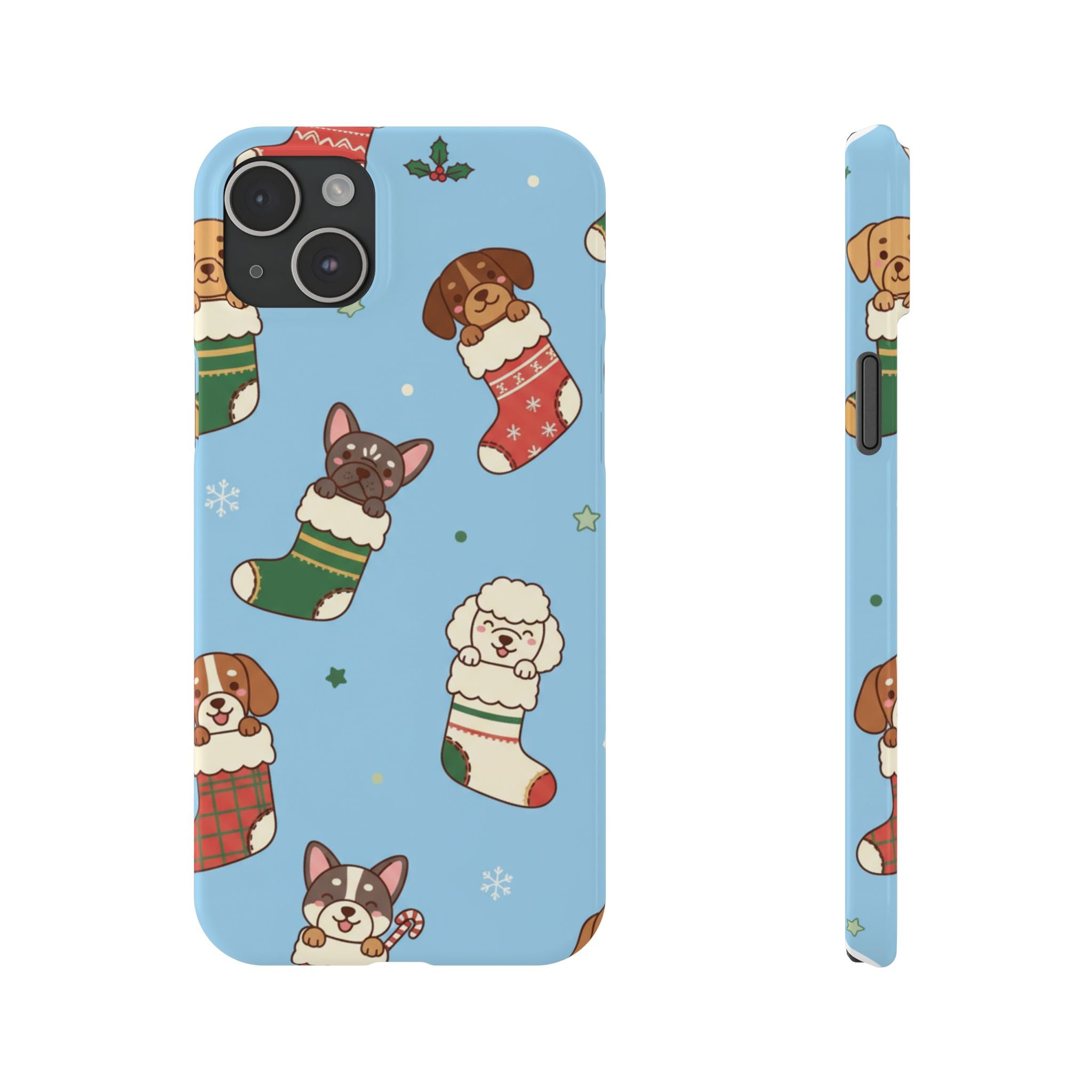 Dog Breeds Christmas Stocking Phone Case — Cute Puppy Pattern on Light Blue