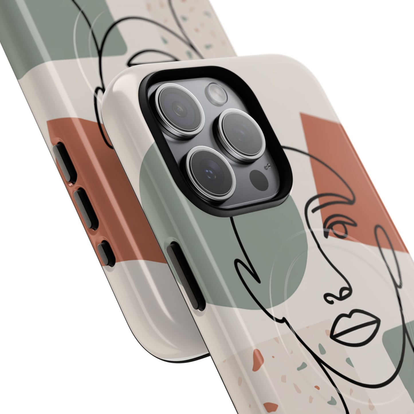 Phone Case - Minimalist Abstract Art Face Design - Sage Green and Terracotta Colors