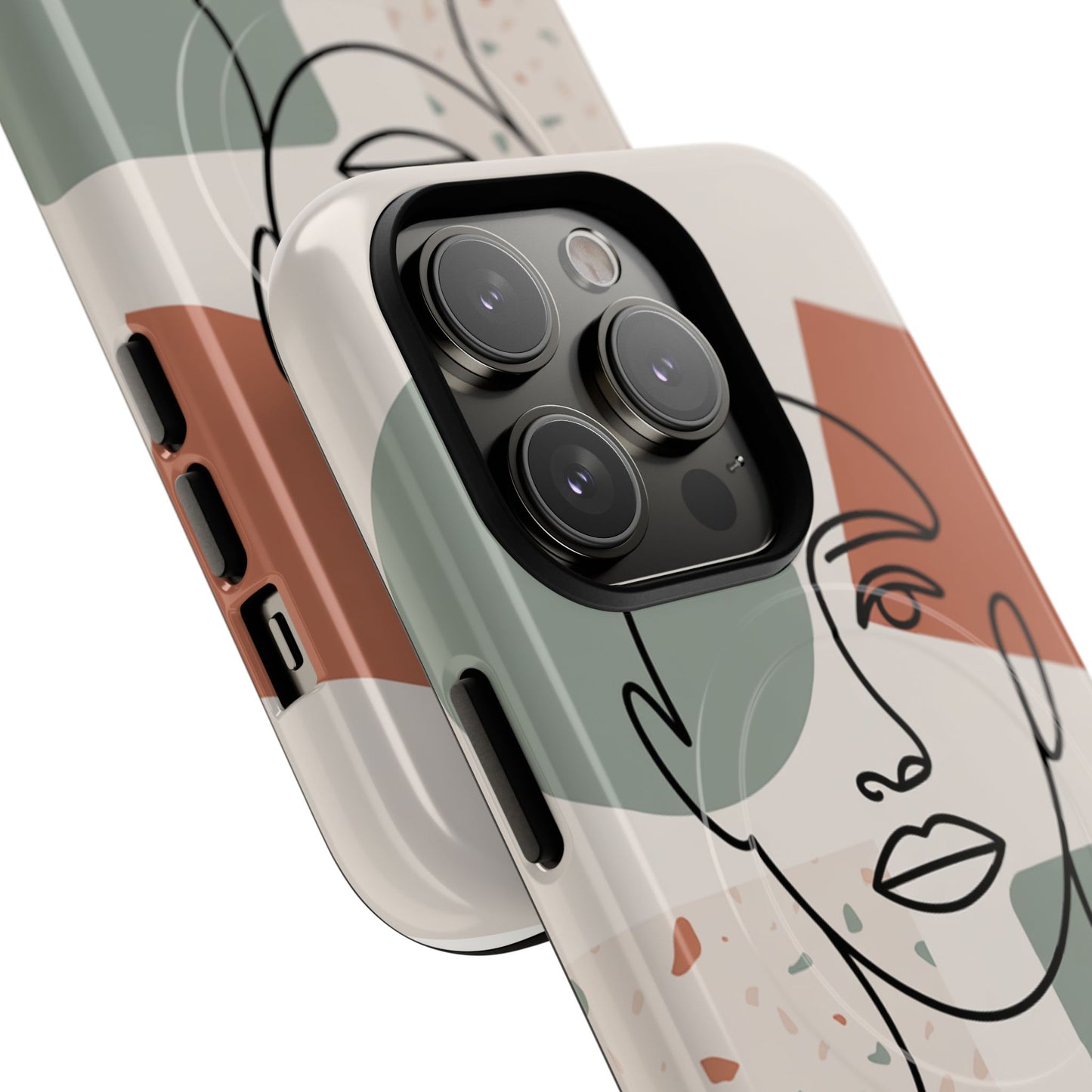 Phone Case - Minimalist Abstract Art Face Design - Sage Green and Terracotta Colors