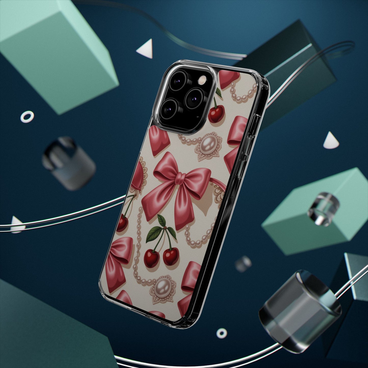 Phone Cases - Coquette Aesthetic Pattern with Pink Satin Bows, Pearls, and Cherries