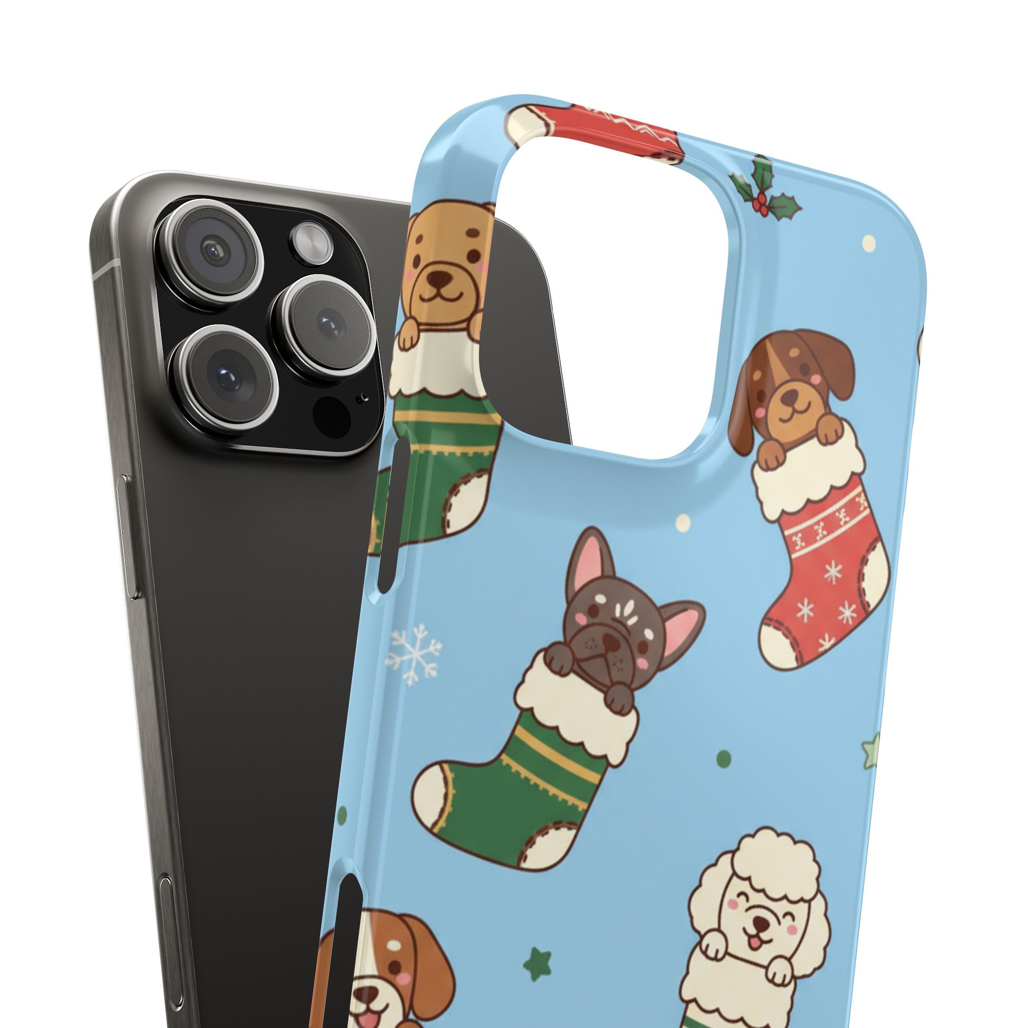 Dog Breeds Christmas Stocking Phone Case — Cute Puppy Pattern on Light Blue
