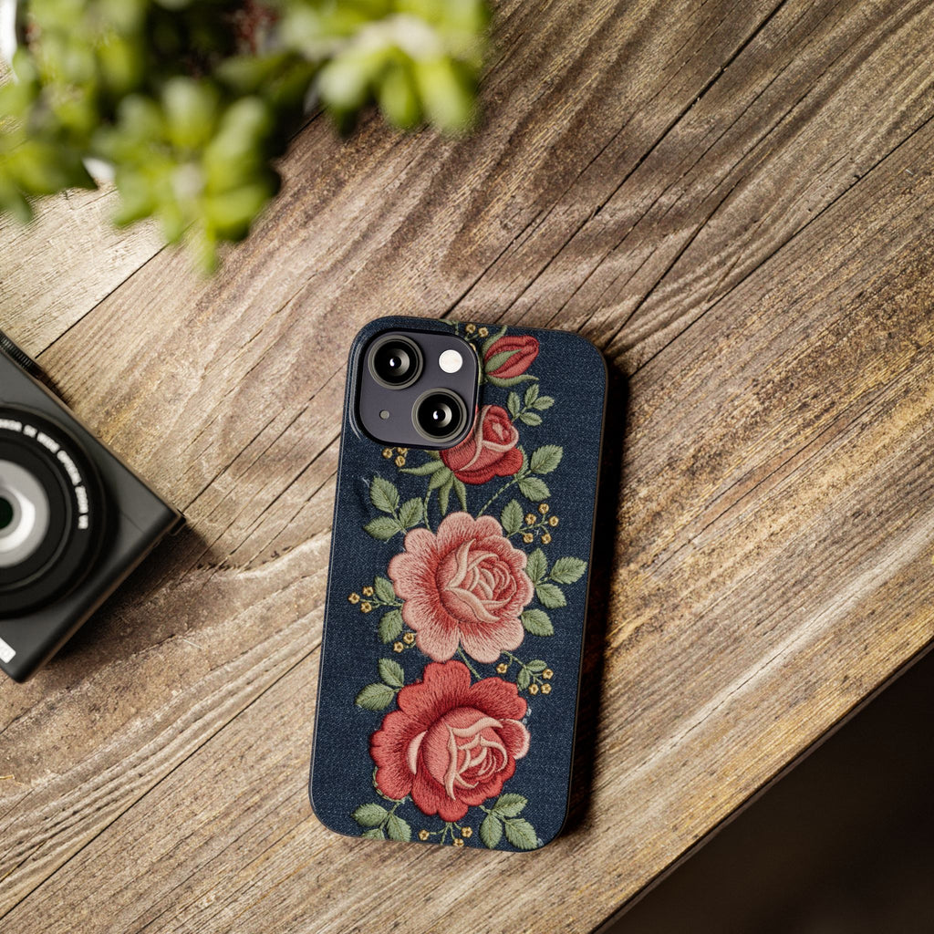 Denim Floral Embroidered Slim Phone Case — Stitched Roses & Vines