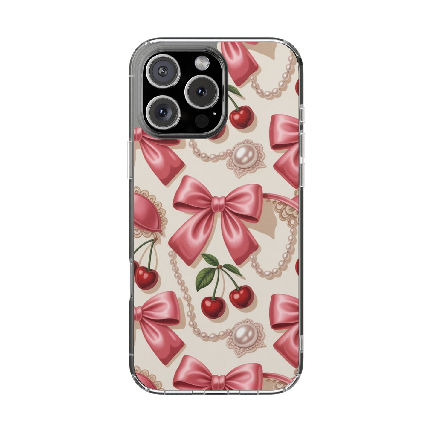 Phone Cases - Coquette Aesthetic Pattern with Pink Satin Bows, Pearls, and Cherries