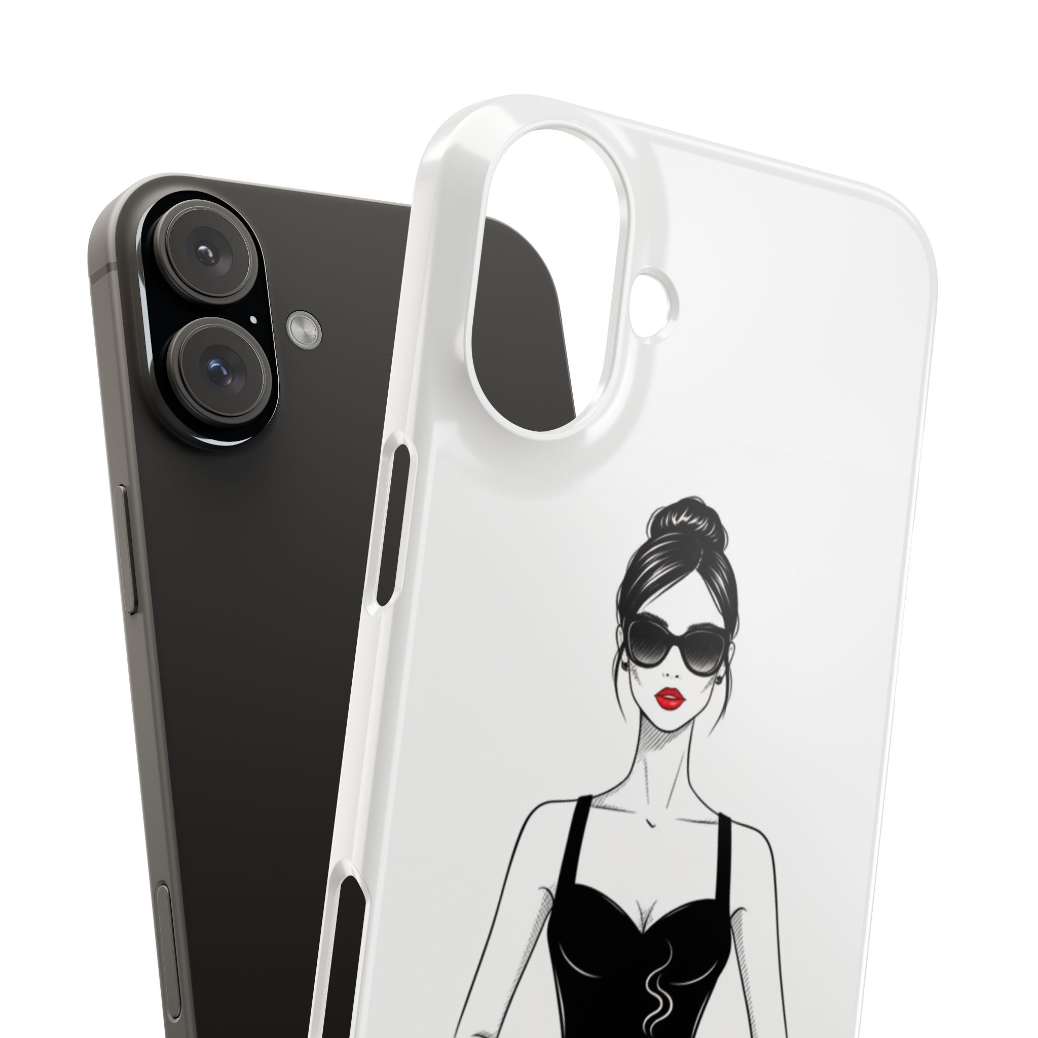 Chic High-Fashion Slim Phone Case — Black Dress Illustration with Red Lip Accent