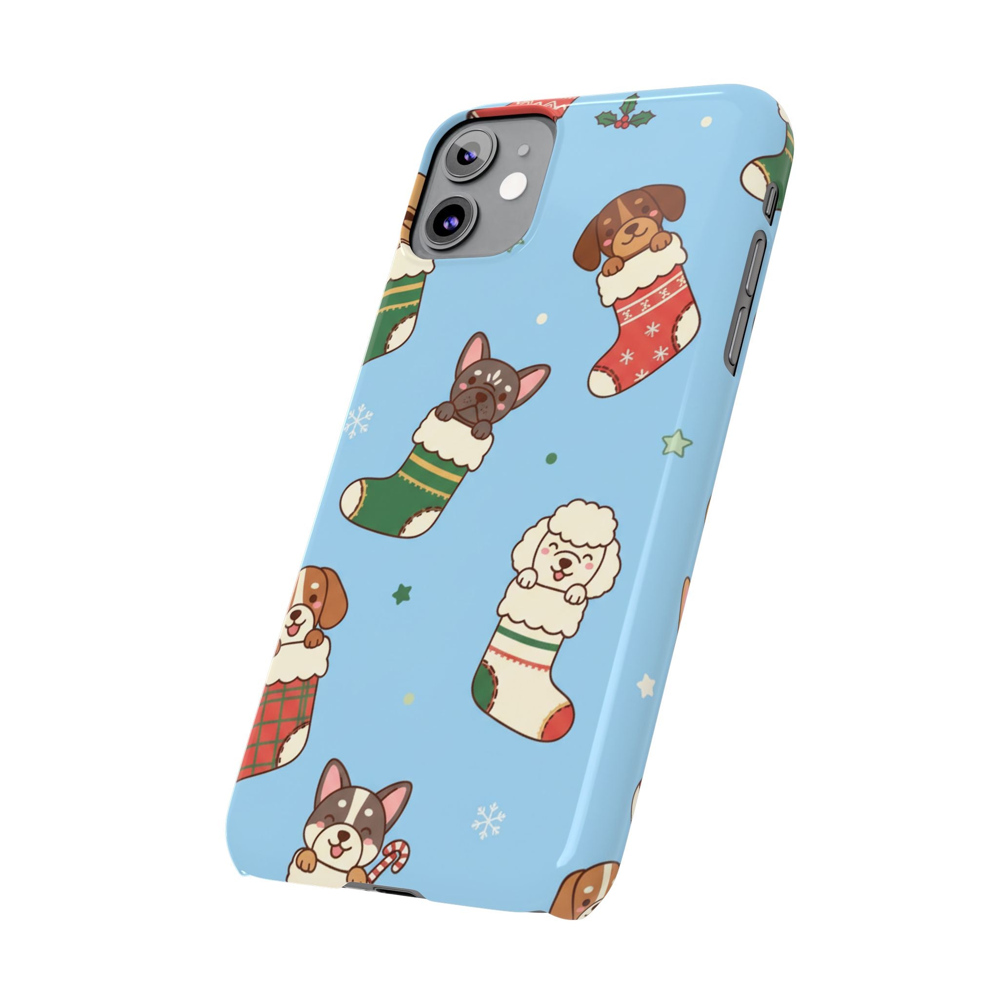 Dog Breeds Christmas Stocking Phone Case — Cute Puppy Pattern on Light Blue