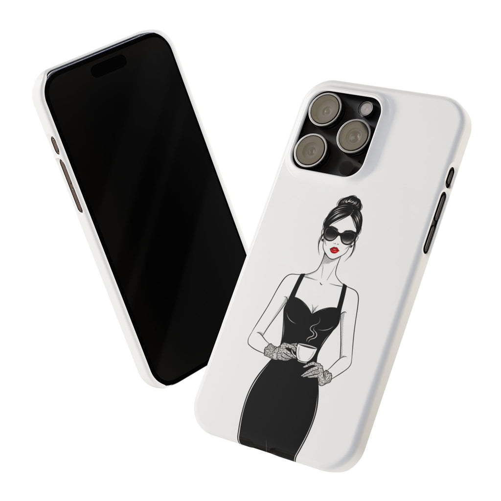 Chic High-Fashion Slim Phone Case — Black Dress Illustration with Red Lip Accent