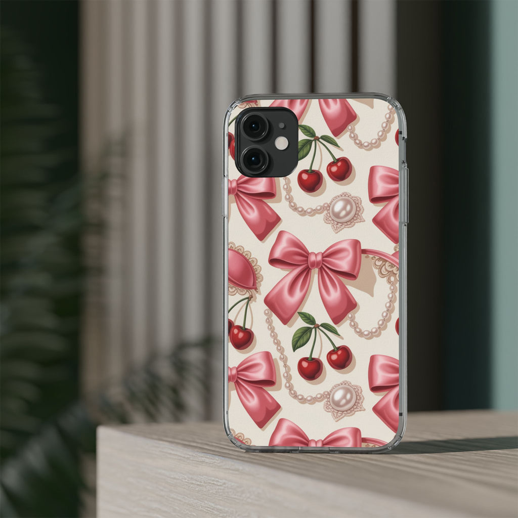 Phone Cases - Coquette Aesthetic Pattern with Pink Satin Bows, Pearls, and Cherries