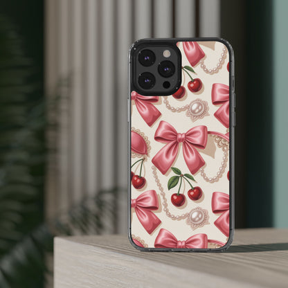 Phone Cases - Coquette Aesthetic Pattern with Pink Satin Bows, Pearls, and Cherries