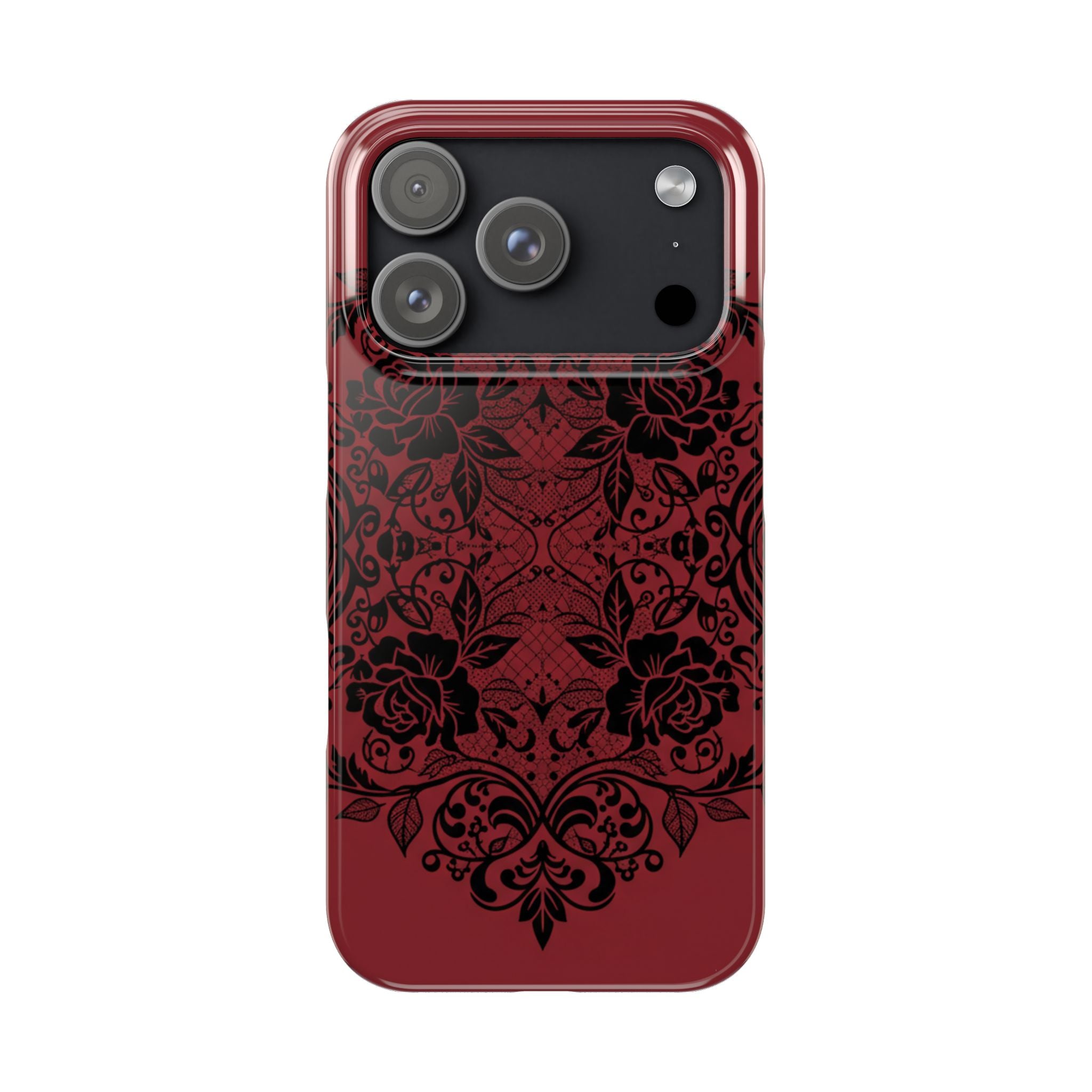 Gothic Lace Phone Case — Intricate Black Lace Over Deep Blood Red