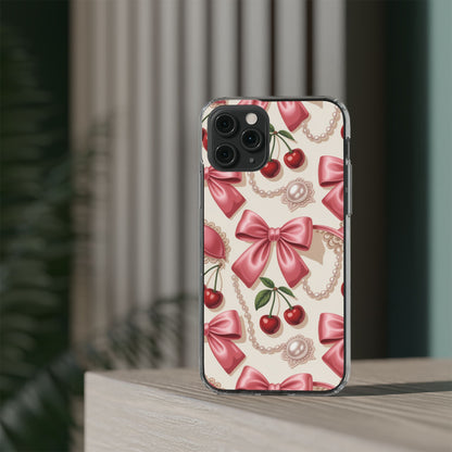 Phone Cases - Coquette Aesthetic Pattern with Pink Satin Bows, Pearls, and Cherries