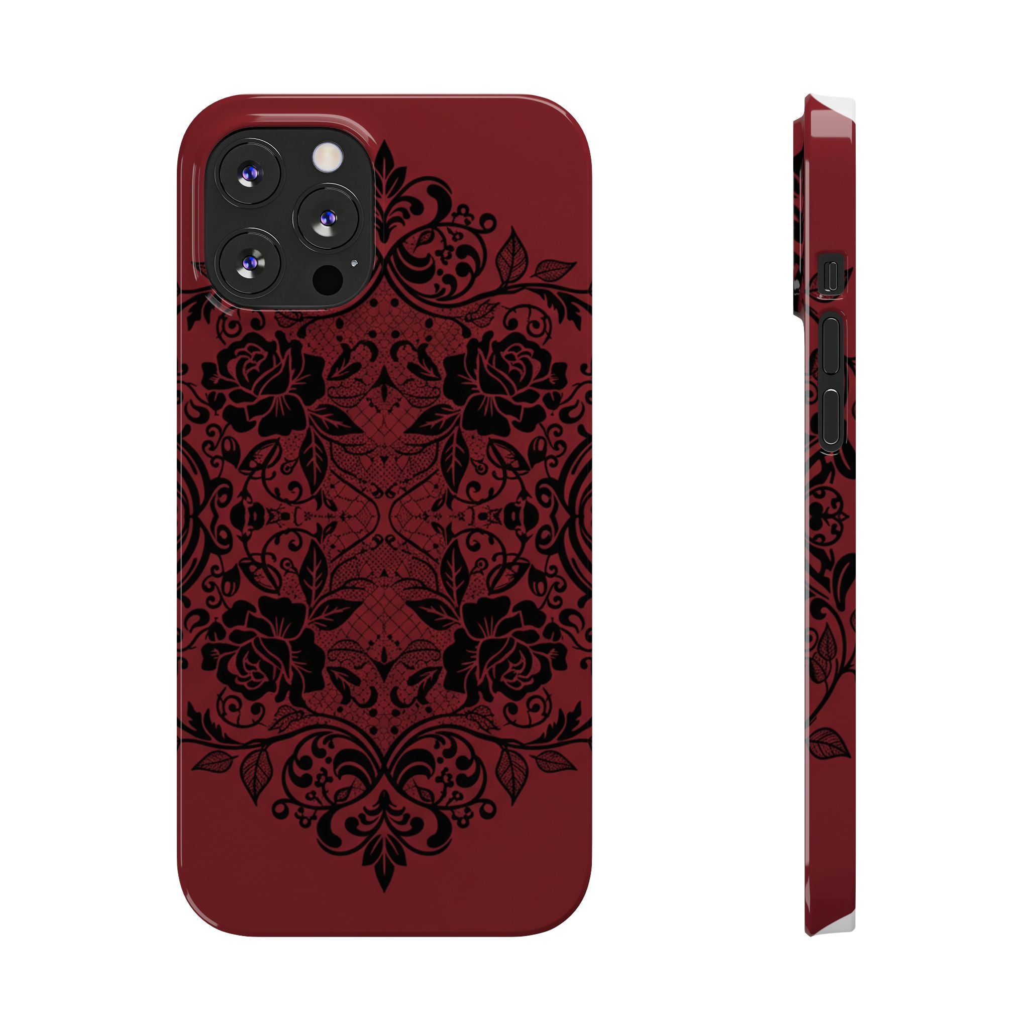 Gothic Lace Phone Case — Intricate Black Lace Over Deep Blood Red
