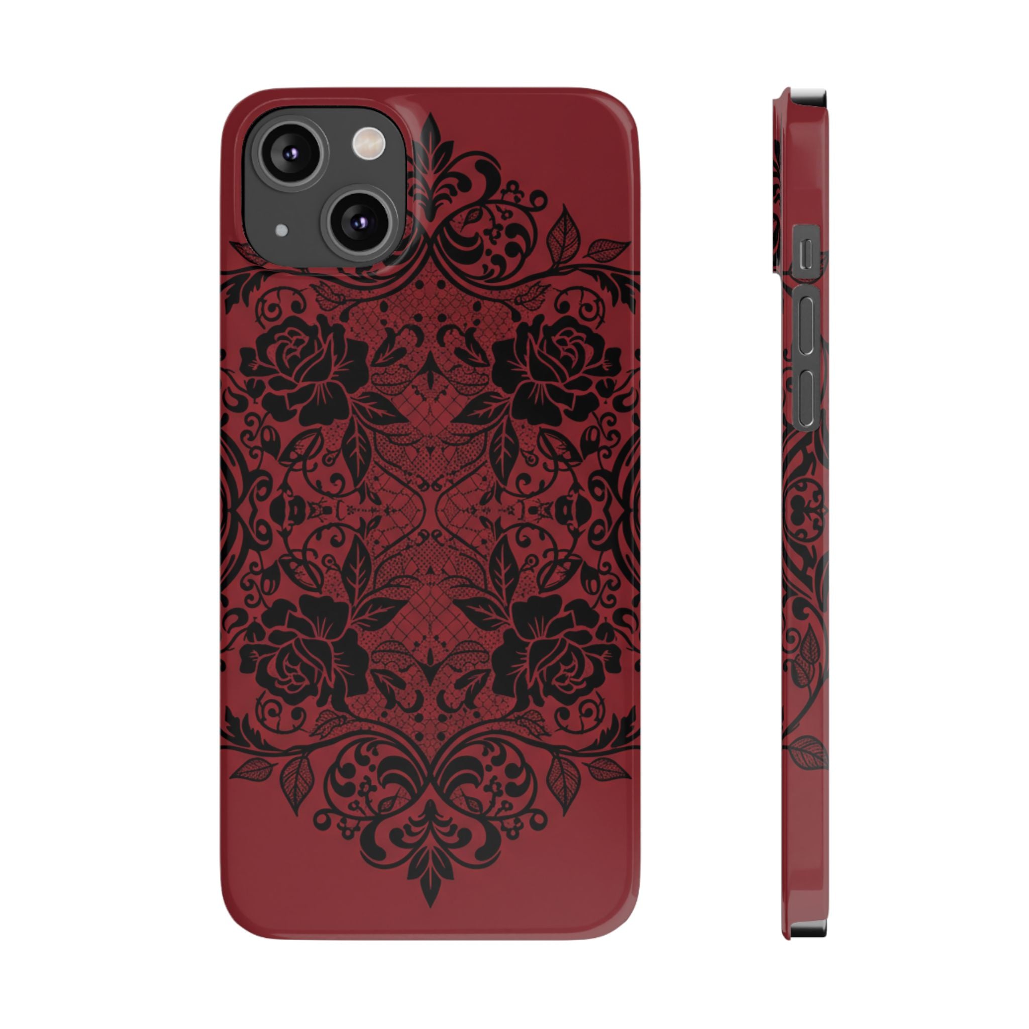 Gothic Lace Phone Case — Intricate Black Lace Over Deep Blood Red