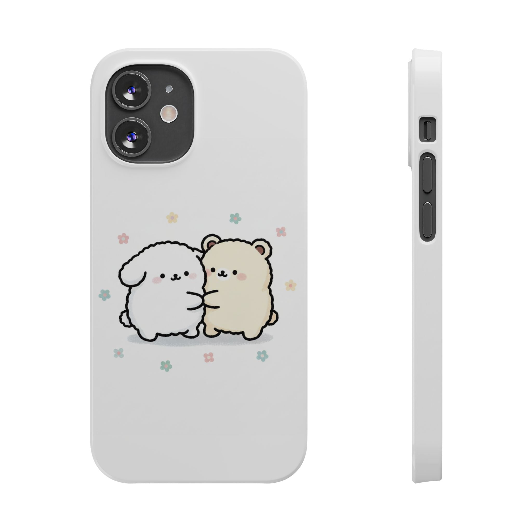 Kawaii Puppy & Bear Hug Slim Phone Case — Pastel Floral Cute Cozy Design
