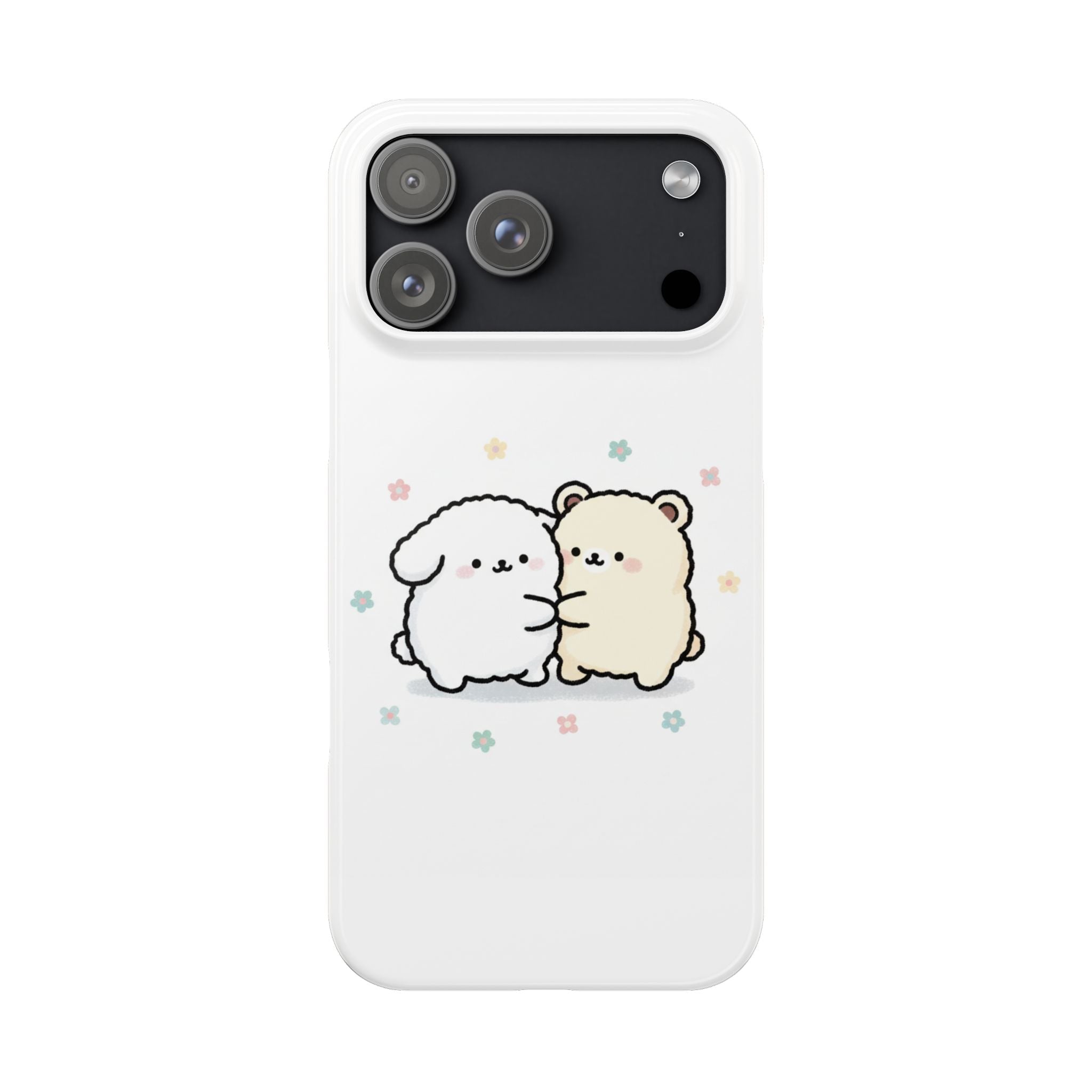 Kawaii Puppy & Bear Hug Slim Phone Case — Pastel Floral Cute Cozy Design