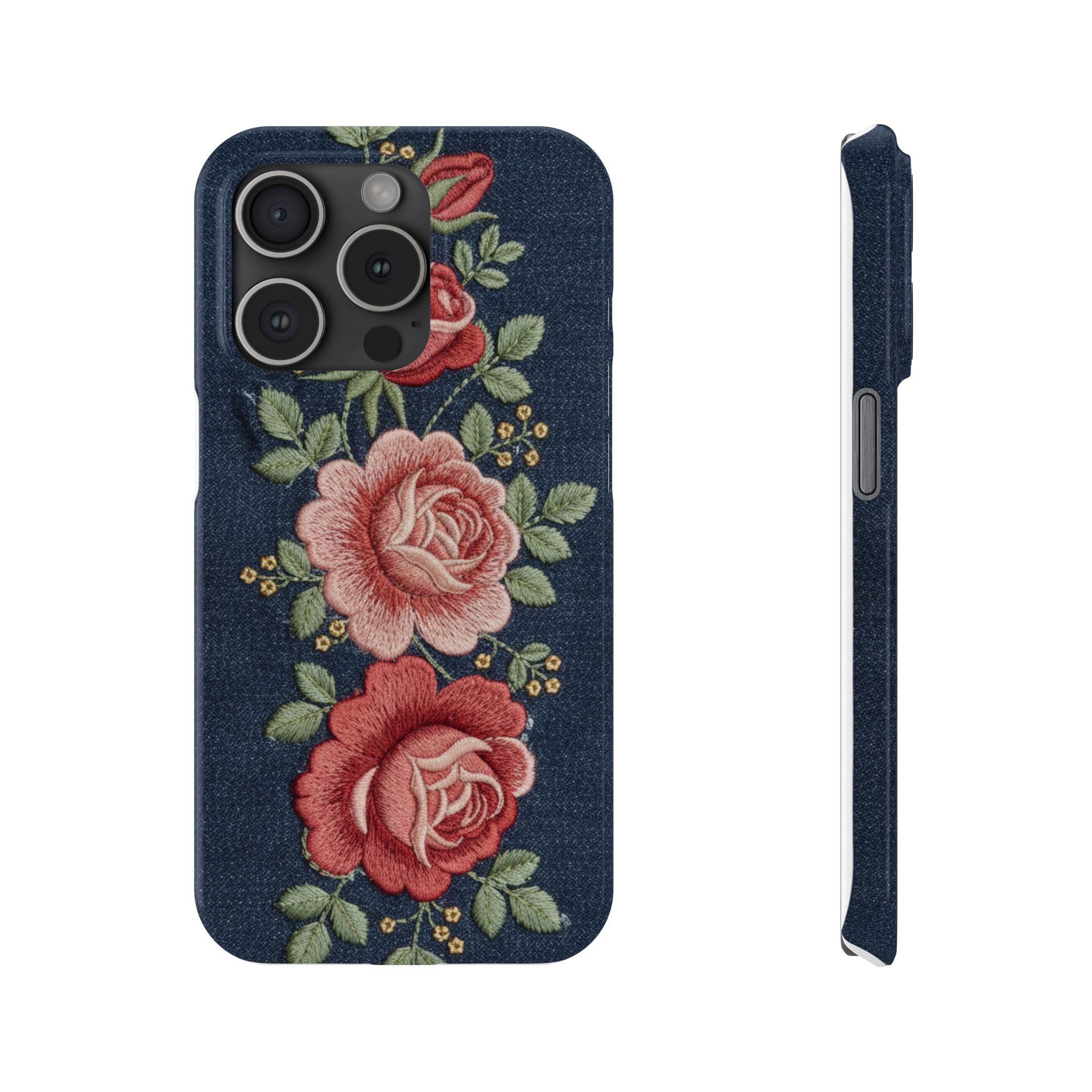 Denim Floral Embroidered Slim Phone Case — Stitched Roses & Vines