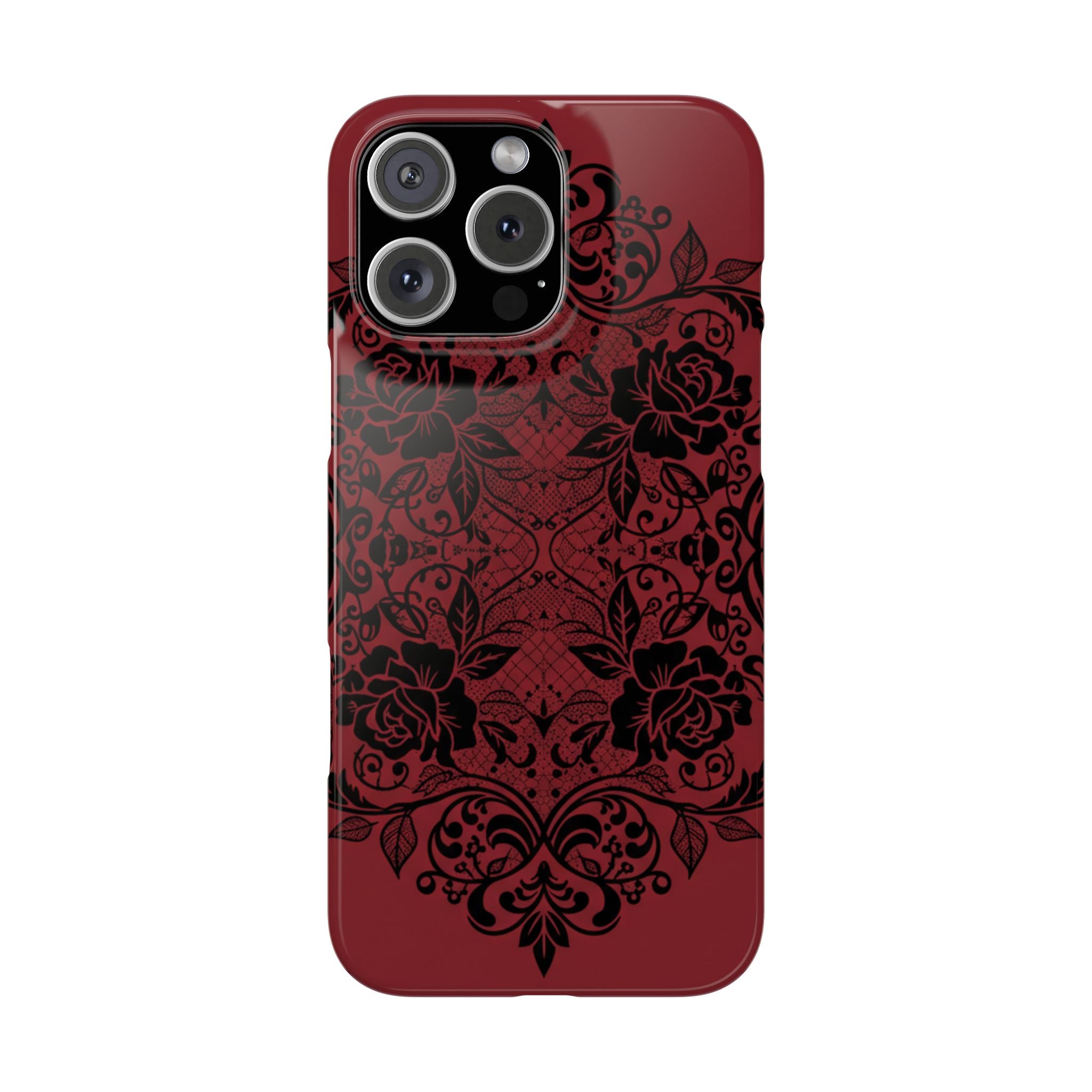 Gothic Lace Phone Case — Intricate Black Lace Over Deep Blood Red