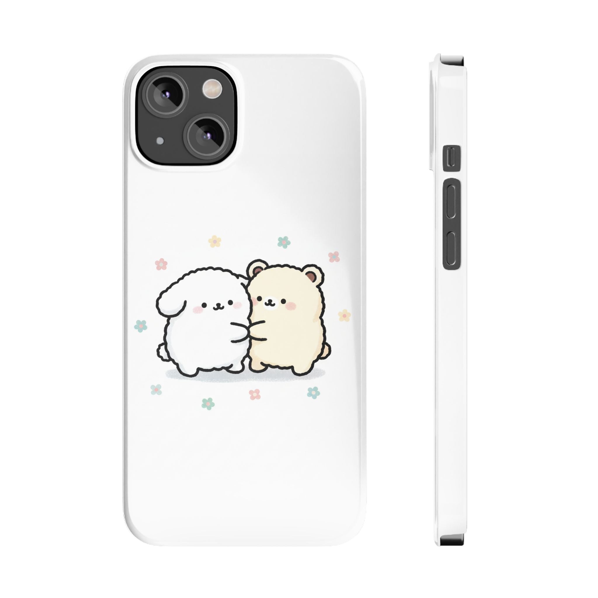 Kawaii Puppy & Bear Hug Slim Phone Case — Pastel Floral Cute Cozy Design