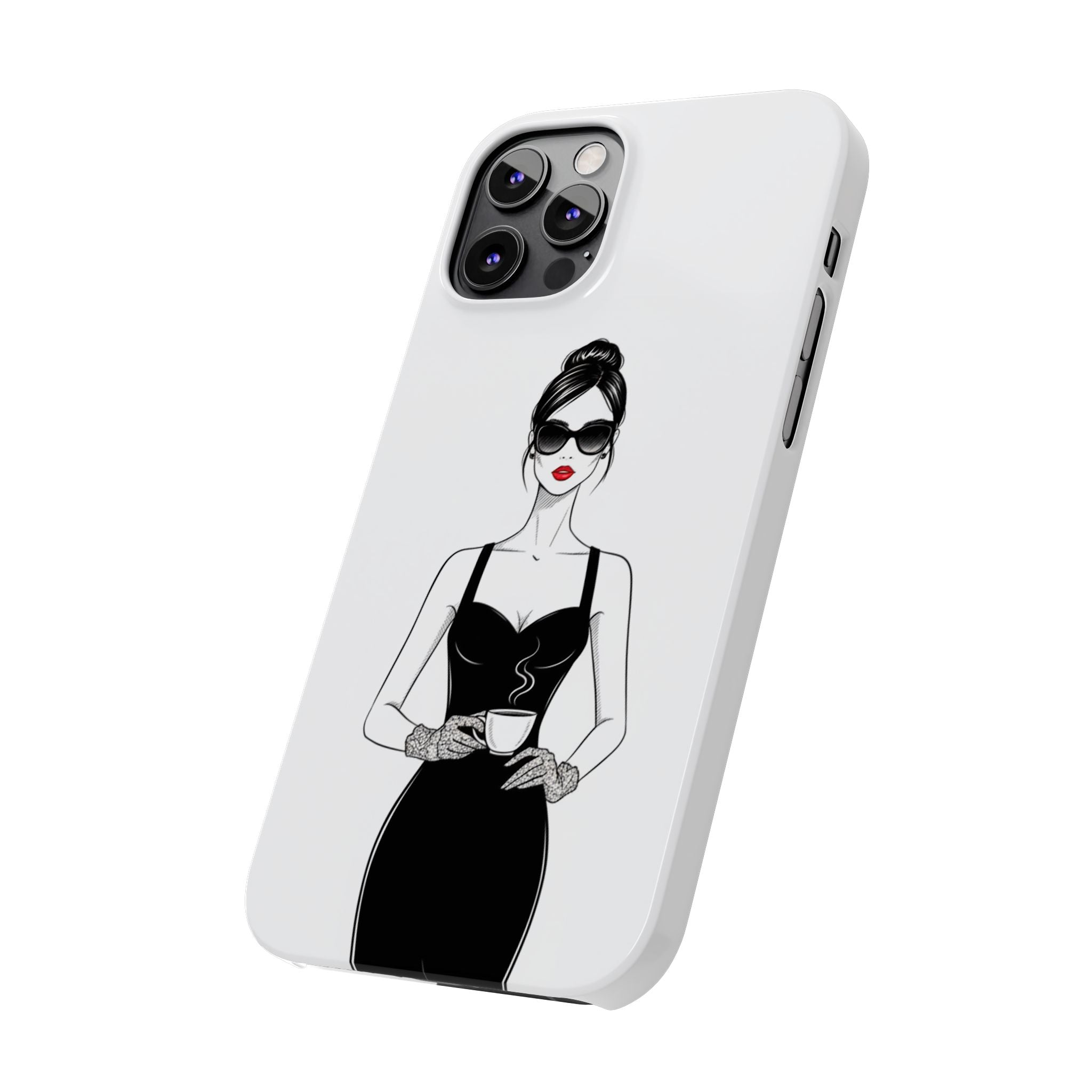 Chic High-Fashion Slim Phone Case — Black Dress Illustration with Red Lip Accent