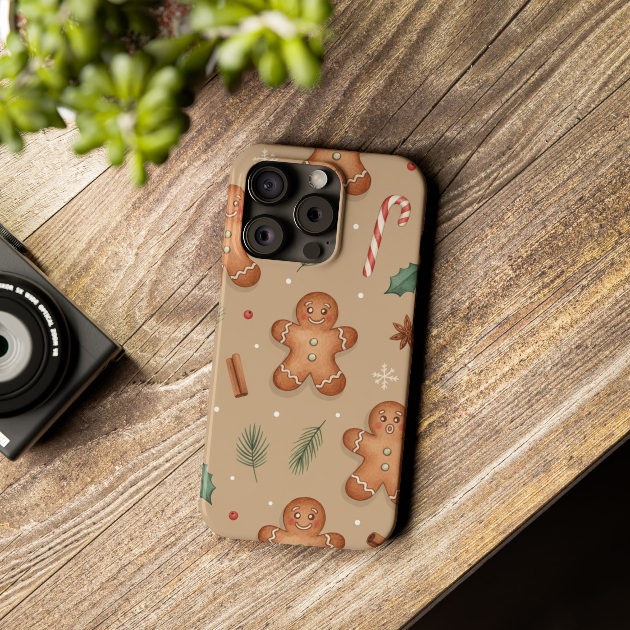 Cozy Watercolor Gingerbread & Candy Cane Slim Phone Case — Festive Christmas Pattern