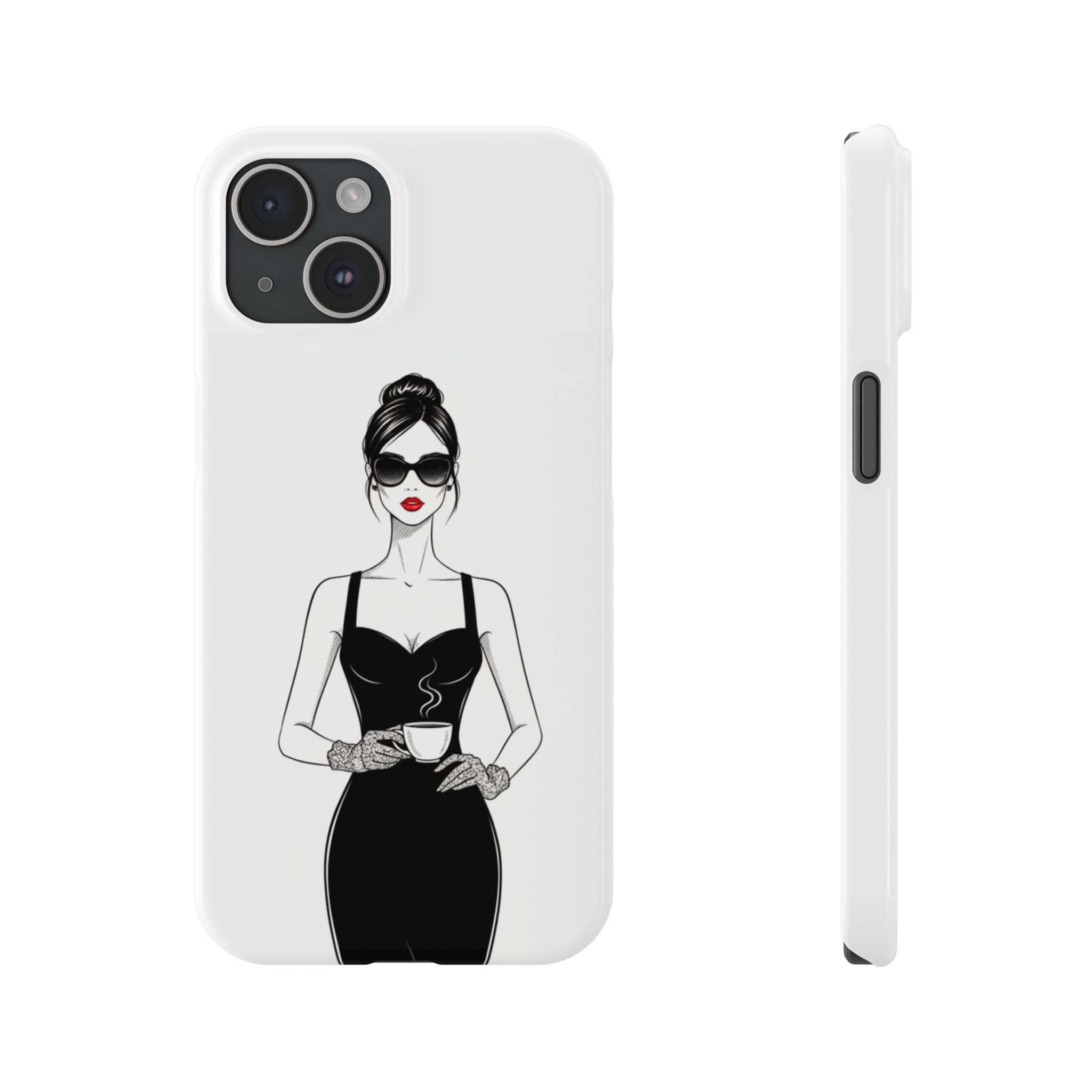 Chic High-Fashion Slim Phone Case — Black Dress Illustration with Red Lip Accent