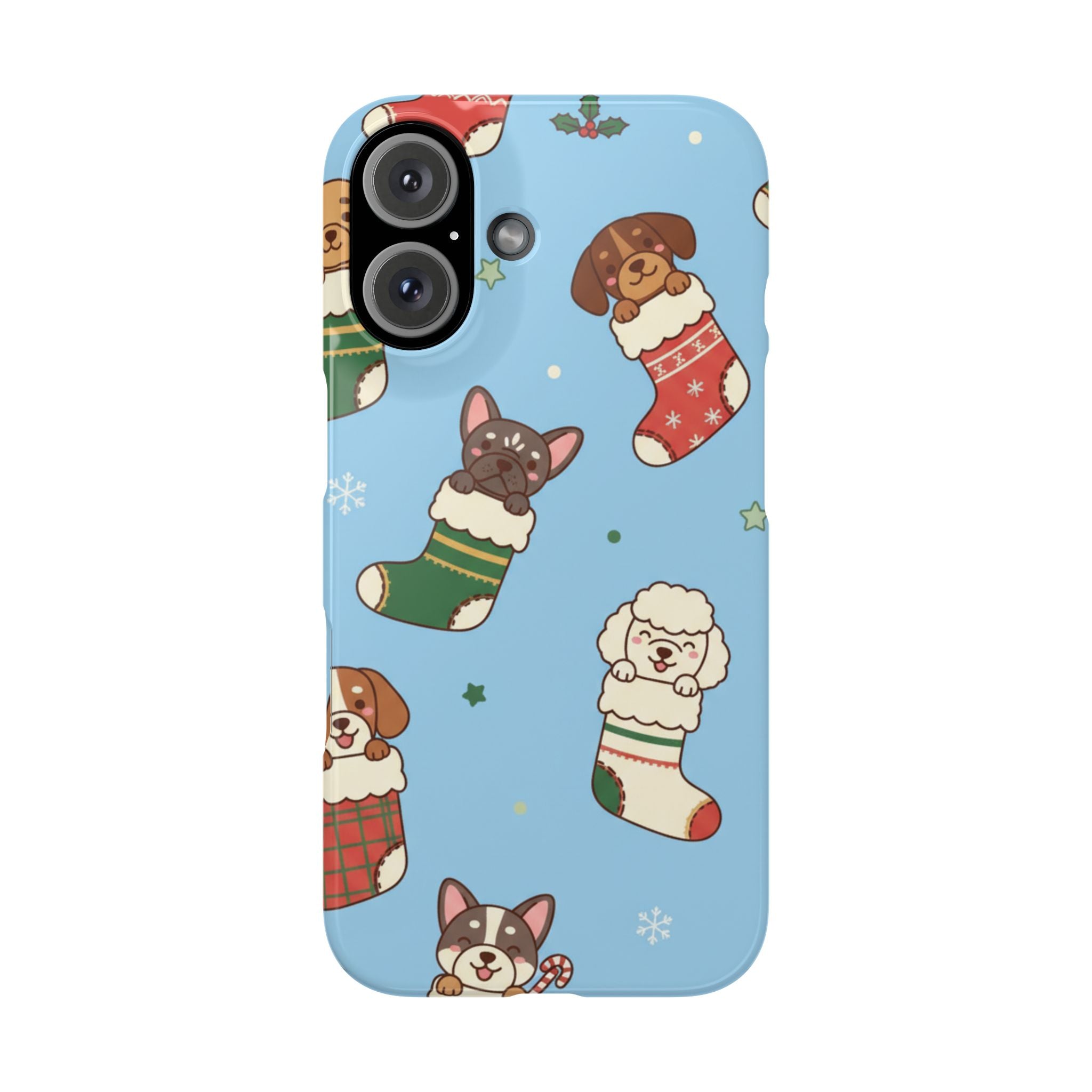 Dog Breeds Christmas Stocking Phone Case — Cute Puppy Pattern on Light Blue
