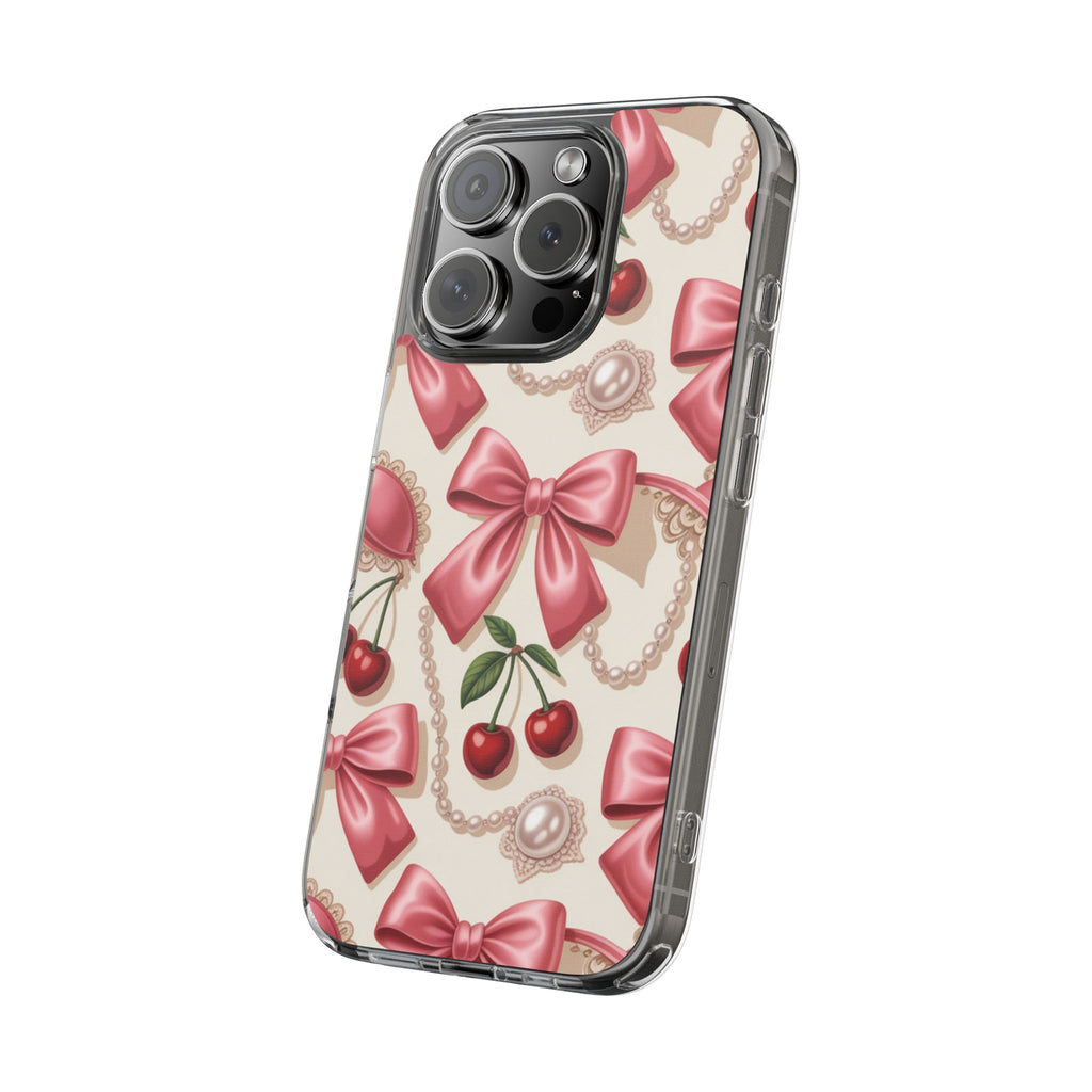 Phone Cases - Coquette Aesthetic Pattern with Pink Satin Bows, Pearls, and Cherries