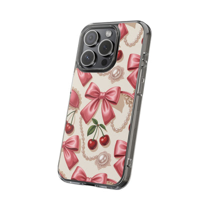 Phone Cases - Coquette Aesthetic Pattern with Pink Satin Bows, Pearls, and Cherries